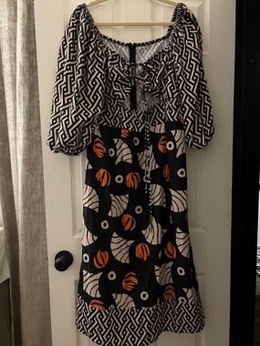Printed Black & Cream Geometric Midi Dress with Orange Accents New